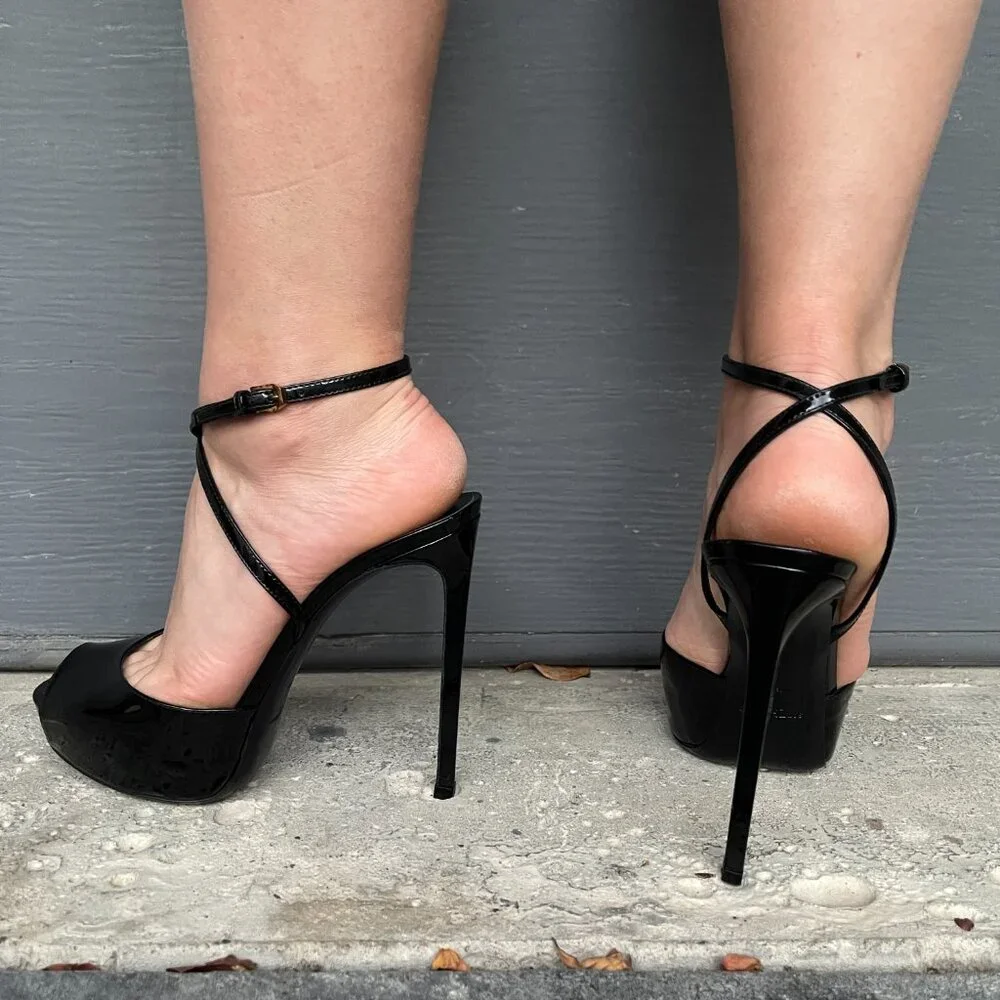 Yves Saint Laurent Kika patent leather peep toe platform ankle strap heels 8